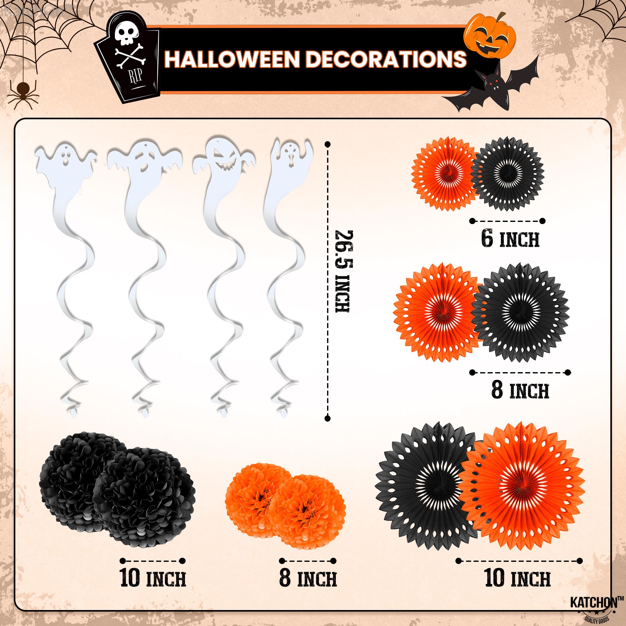 KatchOn, Halloween Party Decoration Set - Pack of 17 | Halloween Pompom, Happy Halloween Garlands | Halloween Party Hanging Decorations | Halloween Hanging Swirls for Halloween Ceiling Decorations