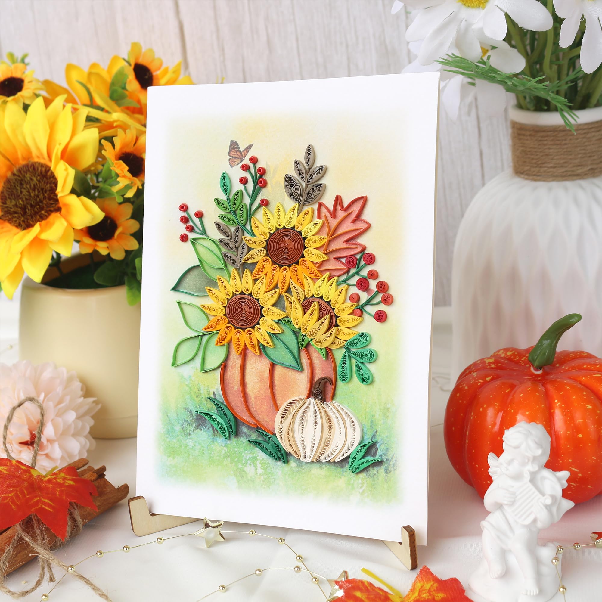 Thanksgiving Card - Sunflowers Vase Greeting Card, Quilling Fall Thank You Card, Seasons Greetings Card, Happy Thanksgiving Card for Husband, Wife, Parents, Friends, Granddaughter, Blank Inside