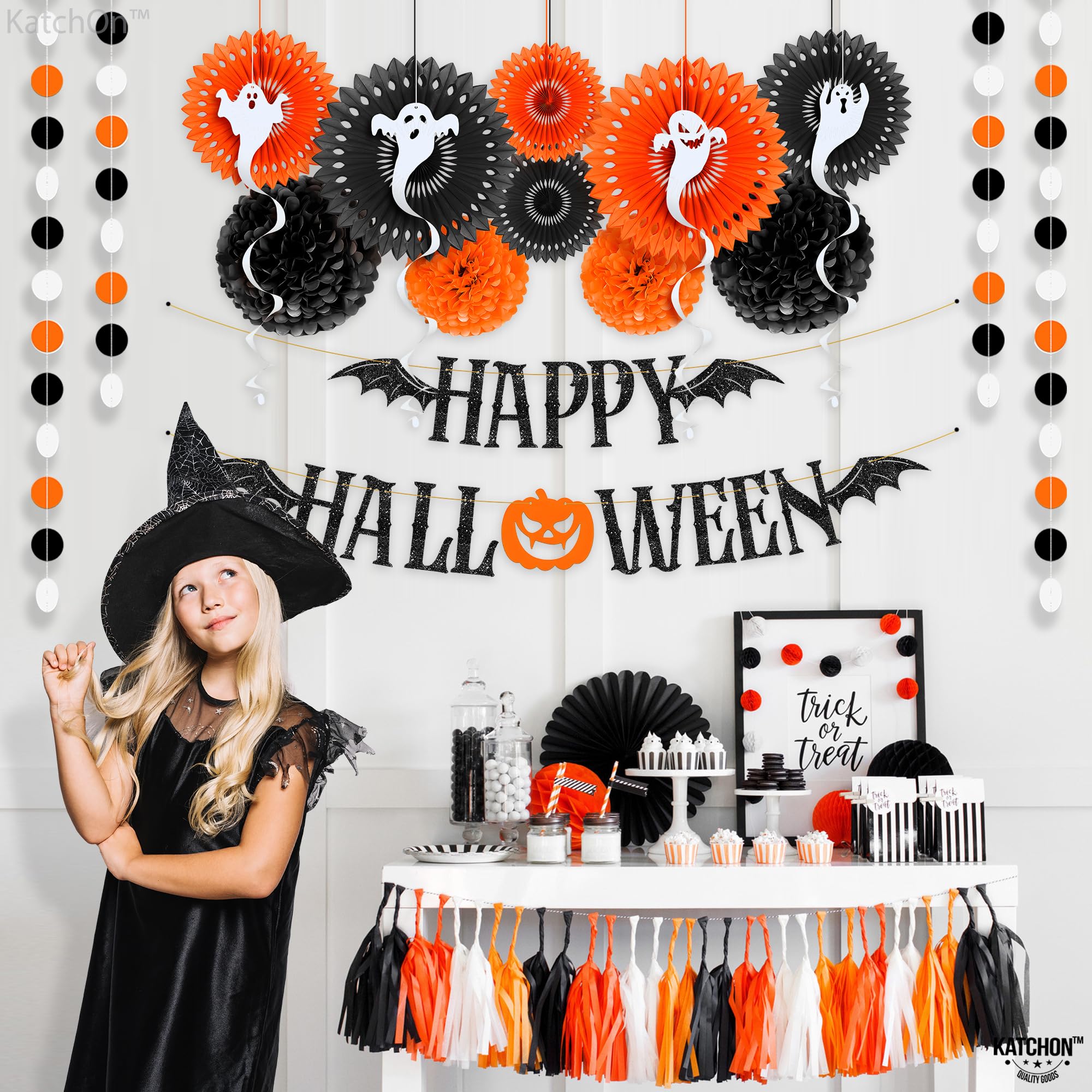 KatchOn, Halloween Party Decoration Set - Pack of 17 | Halloween Pompom, Happy Halloween Garlands | Halloween Party Hanging Decorations | Halloween Hanging Swirls for Halloween Ceiling Decorations