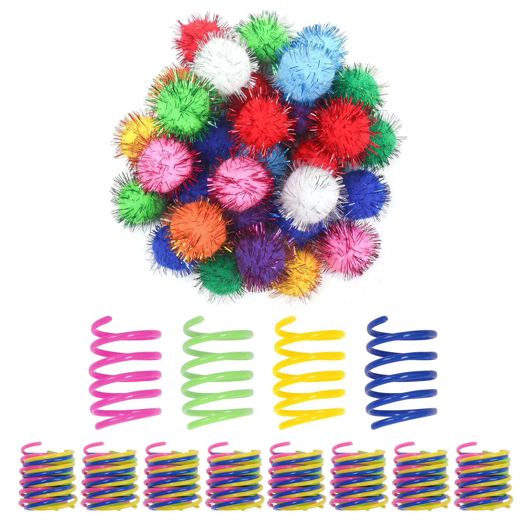 SEVENKA Cat Toys 30 Pcs Color Flash Balls and 36 Spring Toys, 1.1in Small Soft Cat Toy Ball Tinsel Pom Poms, Kitten Toys, Plastic Spiral Springs for Cat Swatting, Biting, Hunting, Active Healthy Play