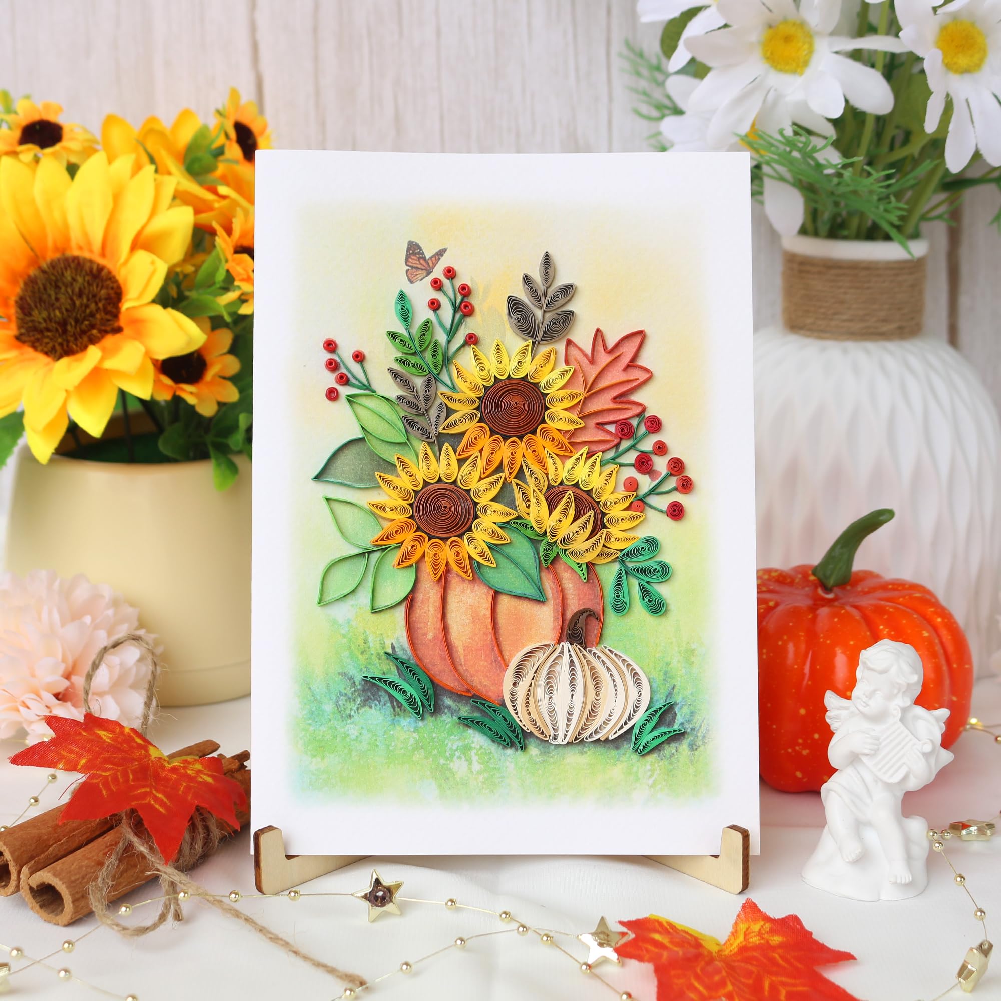 Thanksgiving Card - Sunflowers Vase Greeting Card, Quilling Fall Thank You Card, Seasons Greetings Card, Happy Thanksgiving Card for Husband, Wife, Parents, Friends, Granddaughter, Blank Inside