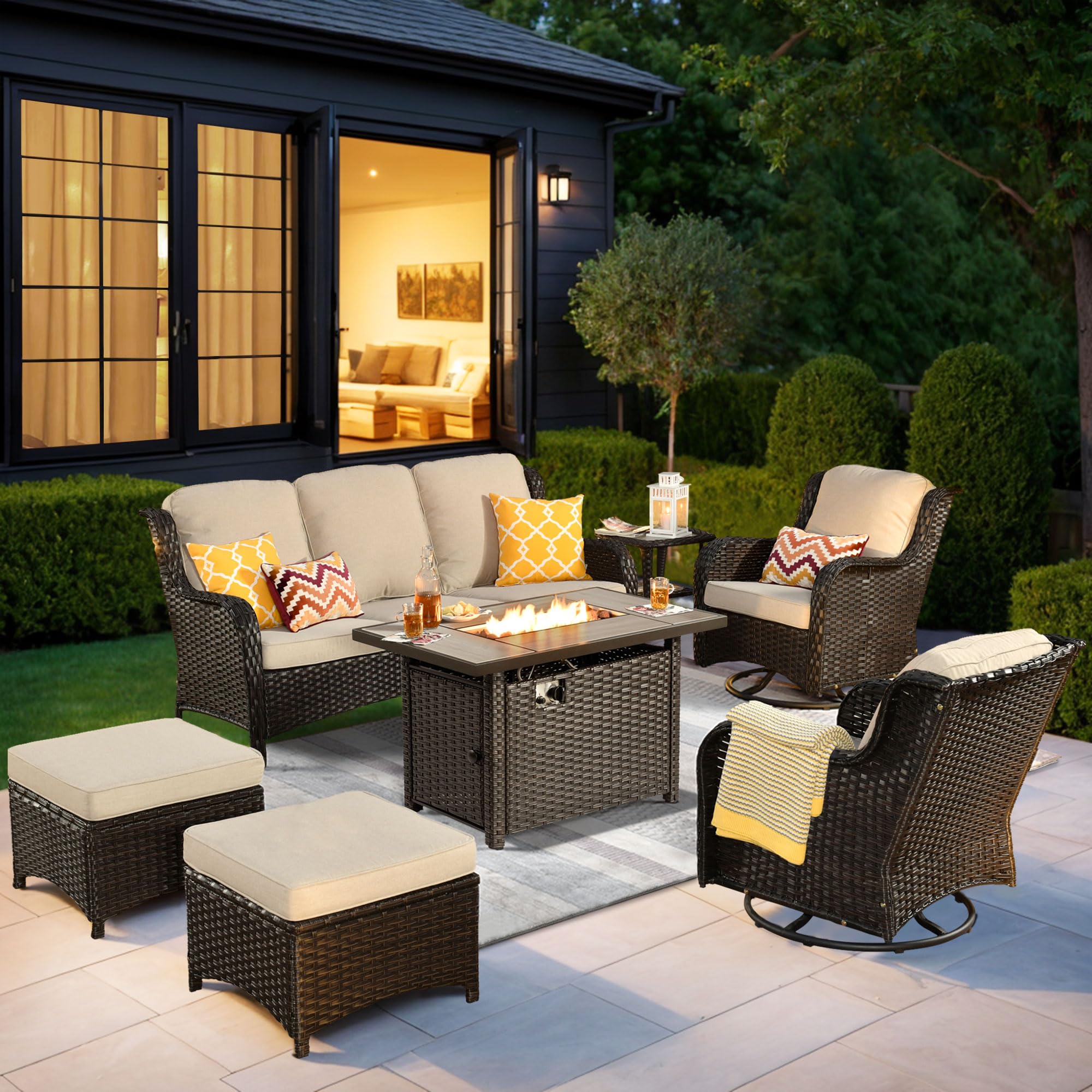 HOOOWOOO Patio Furniture Set,7 Piece Outdoor Furniture Set with Fire Pit Table,Wicker Patio Conversation Couch Swivel Chairs Ottoman Set,Beige