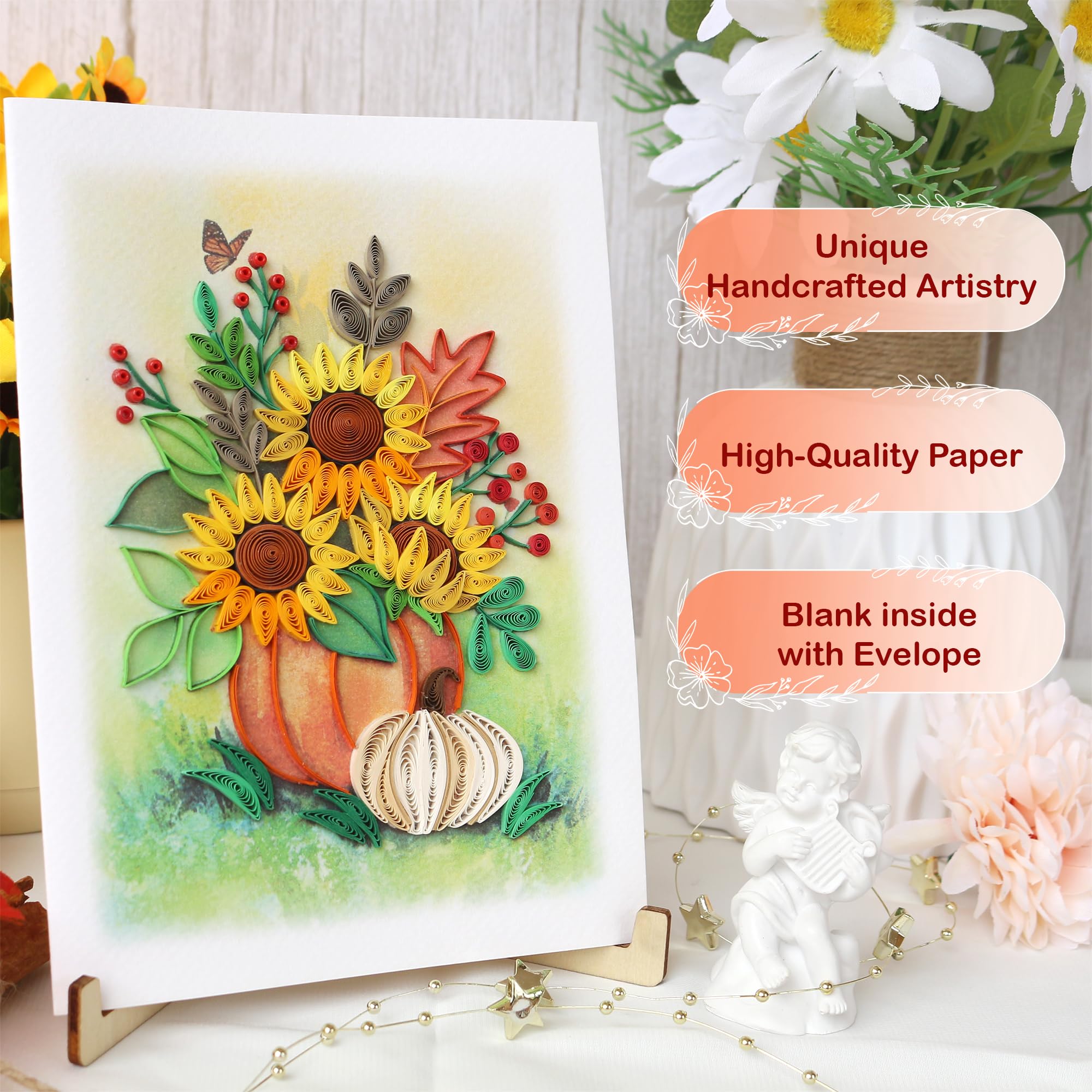 Thanksgiving Card - Sunflowers Vase Greeting Card, Quilling Fall Thank You Card, Seasons Greetings Card, Happy Thanksgiving Card for Husband, Wife, Parents, Friends, Granddaughter, Blank Inside