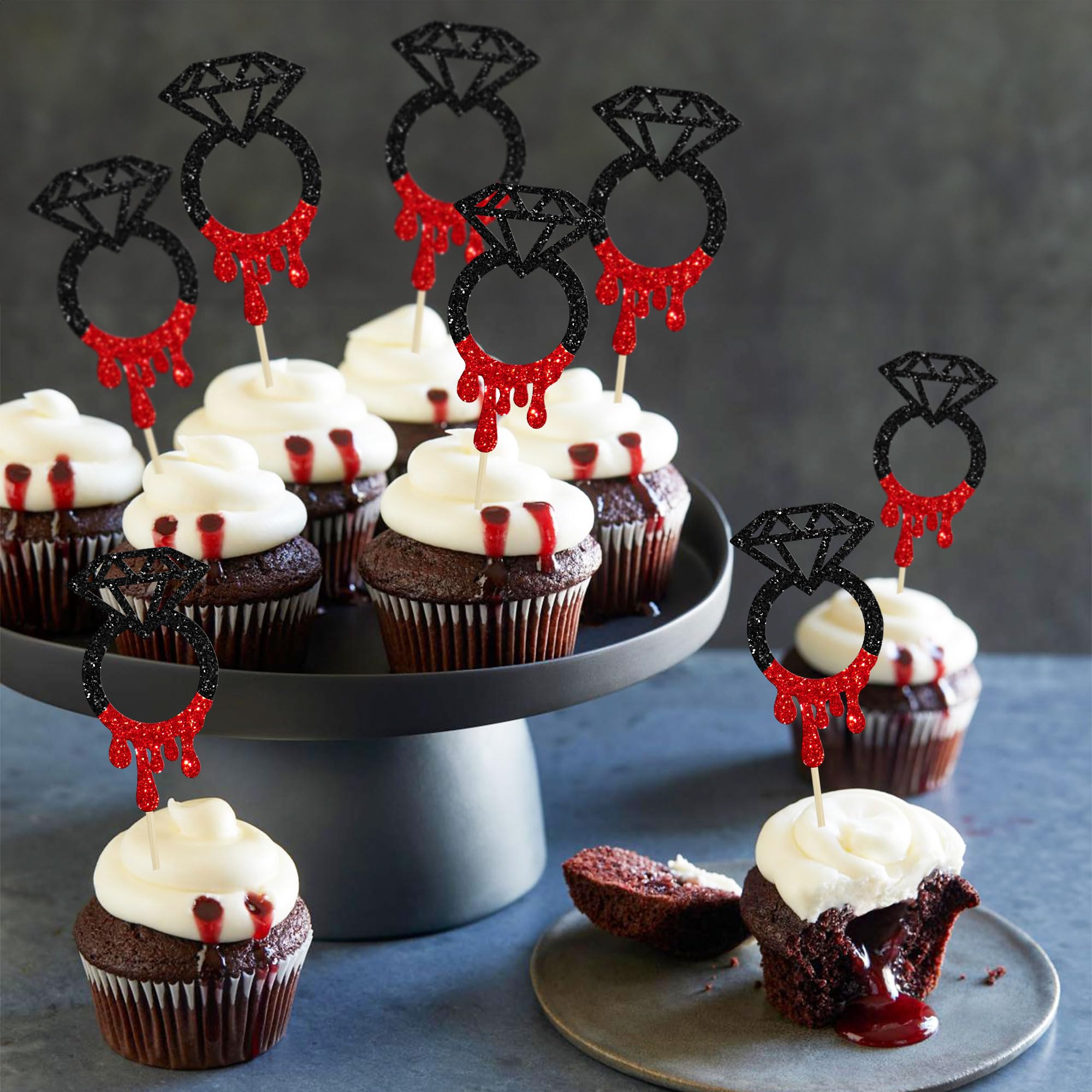 Gyufise 24Pcs Scary Halloween Cupcake Toppers Horror Blood Diamond Ring Cupcake Decorations Gothic Bachelorette Supplies for Halloween Blood Bachelorette Party Spooky Bridal Shower Wedding