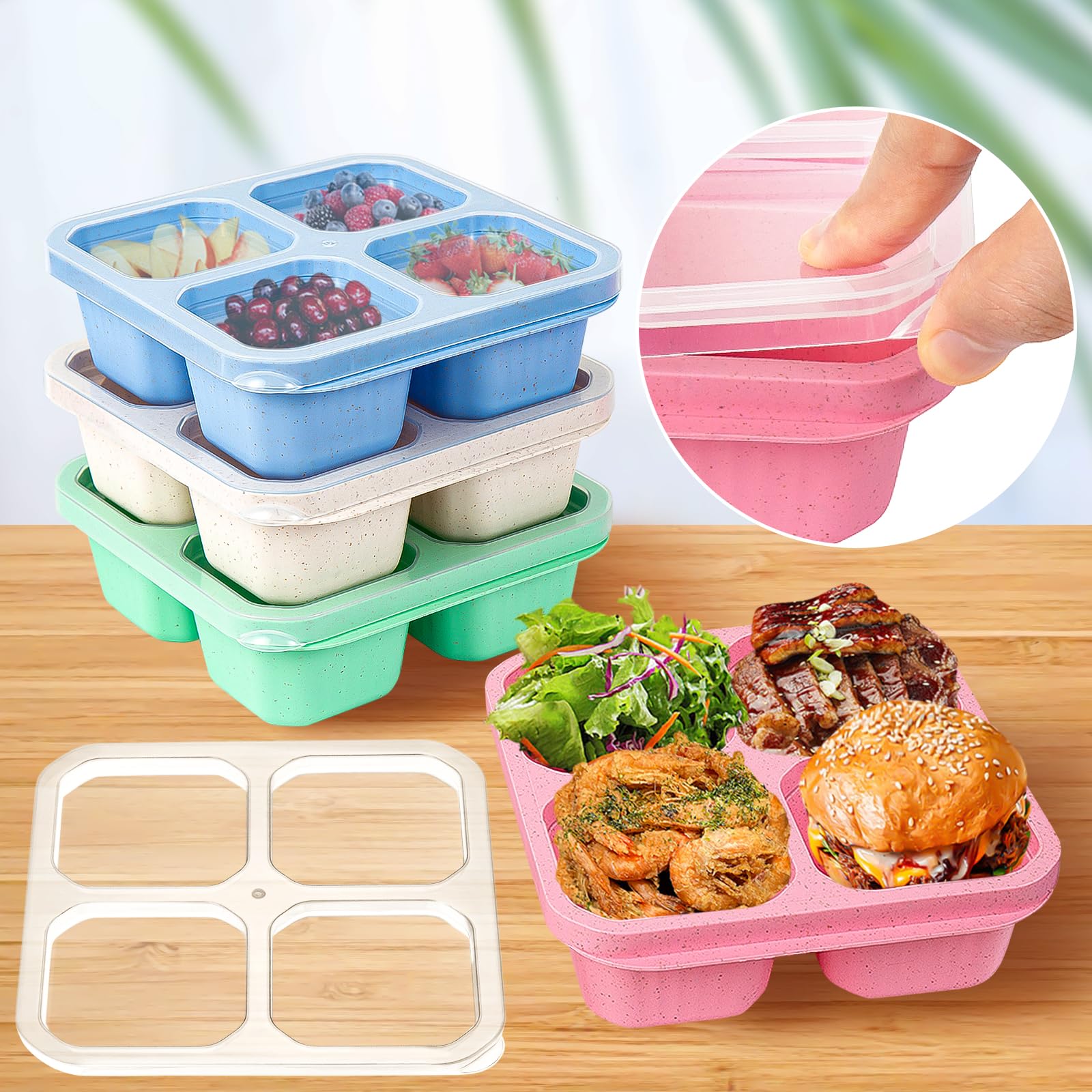 8Pcs Snack Containers Set, Plastic 4 Compartments Bento Boxes Reusable Meal Prep Lunch Container with Utensil & Transparent Lids, Wheat Straw Divided Food Storage for Kid Adult To Travel Picnic