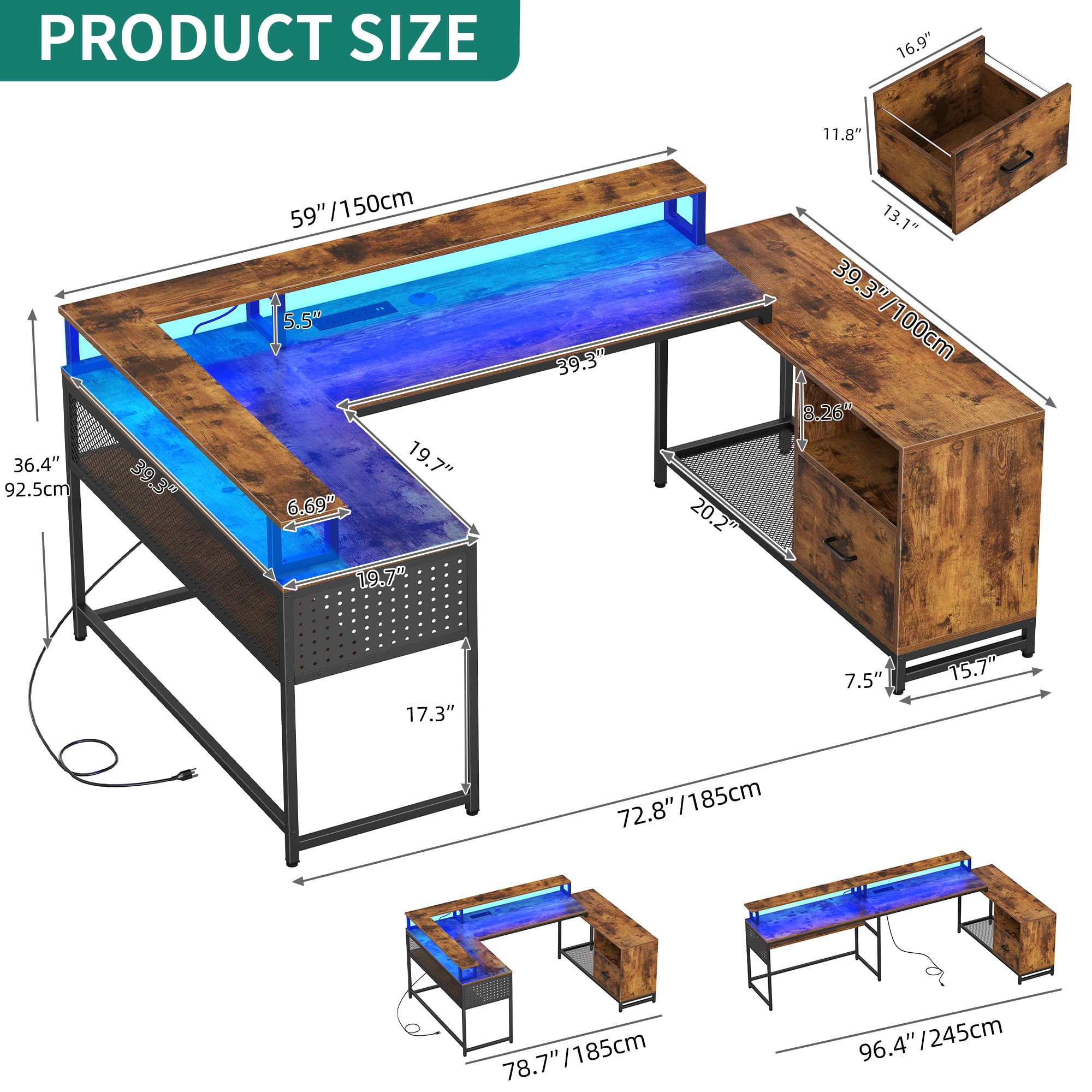 YITAHOME U Shaped Desk, L Shaped Desk with Drawers, Reversible Computer Desk with Power Outlets & LED Lights, Corner Desk Office Desk with Monitor Stand & Storage Shelves, Rustic Brown