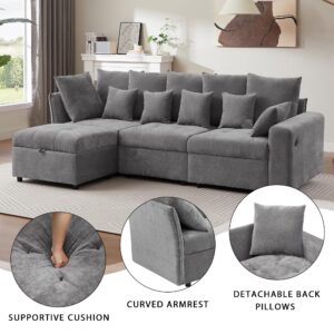 P PURLOVE Modern Sectional Sofa with Convertible Ottoman, Chenille 4-Seat L-Shape Couch with Pillows for Living Room, Apartment, Office, 3 USB Ports (Grey)