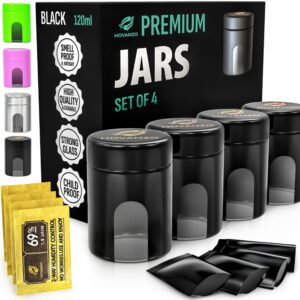 premium airtight glass storage jars 120ml with 69% humidity control 4 packs - uv air tight jars with child-resistant lid - airtight jar container, air tight storage,storage jars for herb/spice( black)