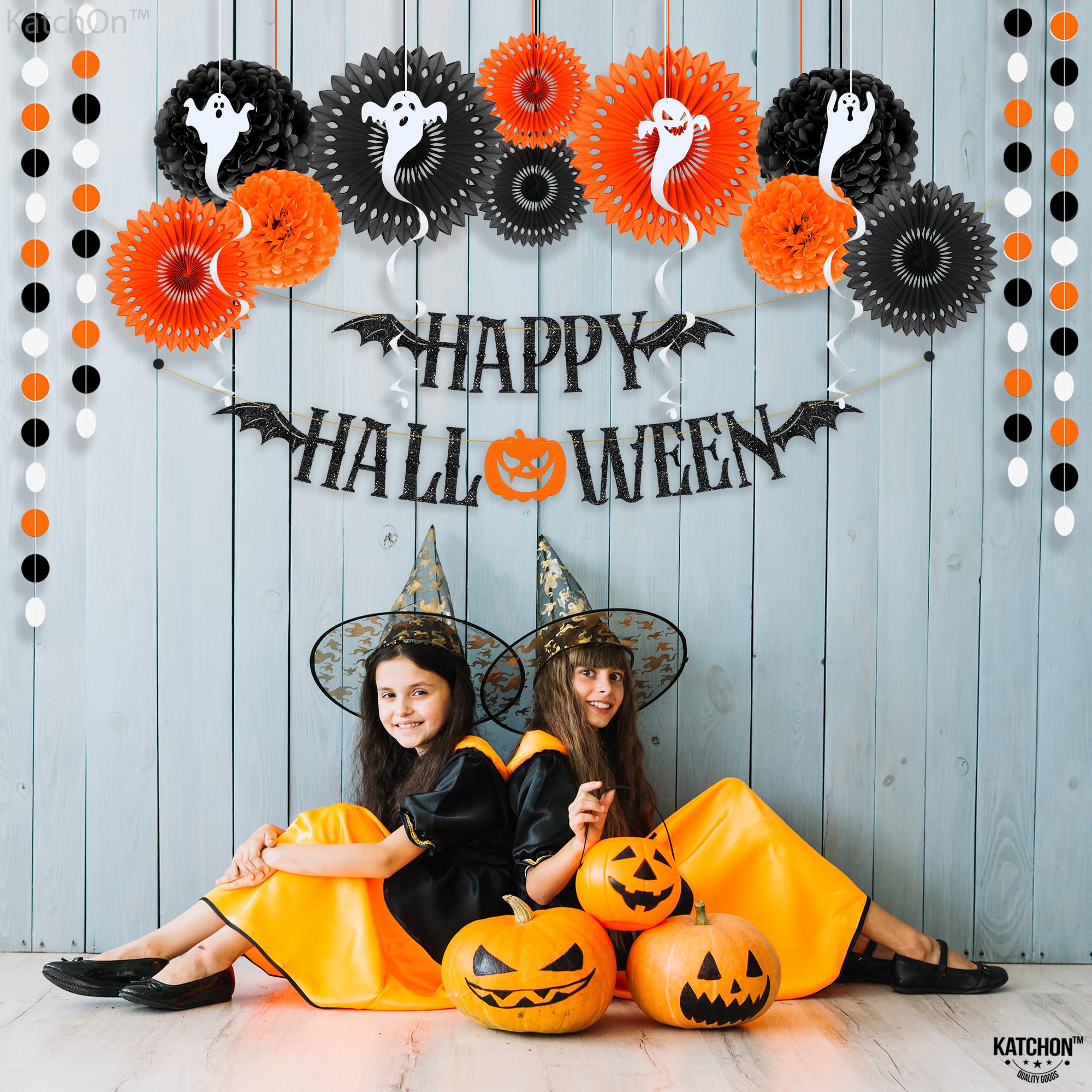 KatchOn, Halloween Party Decoration Set - Pack of 17 | Halloween Pompom, Happy Halloween Garlands | Halloween Party Hanging Decorations | Halloween Hanging Swirls for Halloween Ceiling Decorations