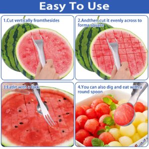 Tyqour 2pcs Stainless Steel Watermelon Fork Slicer 3-in-1double Head Portable Fruit Cutter Watermelon Cutter Tool, Fruit Fork Cut Watermelon for Family Parties Camping Kitchen Gadget