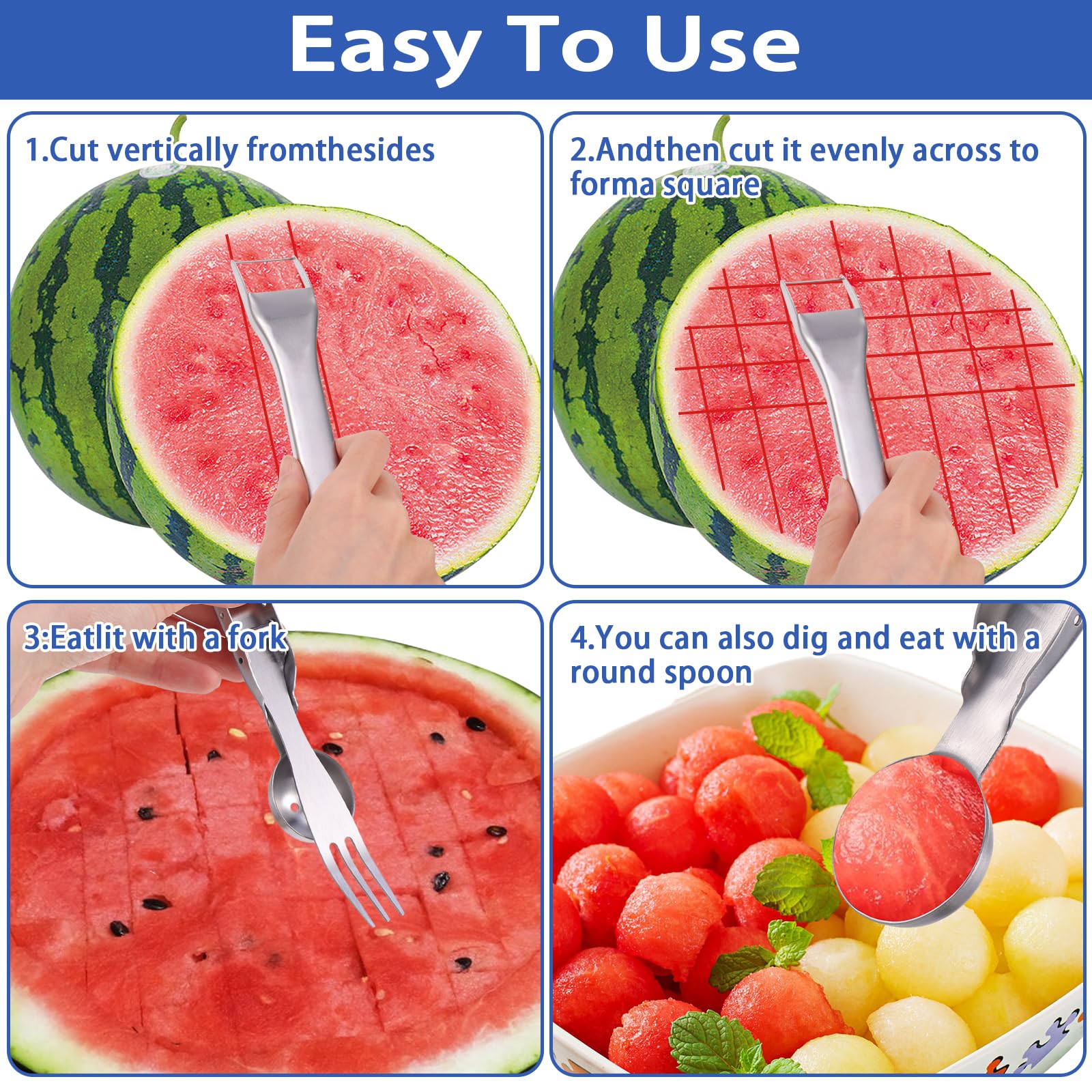 Tyqour 2pcs Stainless Steel Watermelon Fork Slicer 3-in-1double Head Portable Fruit Cutter Watermelon Cutter Tool, Fruit Fork Cut Watermelon for Family Parties Camping Kitchen Gadget