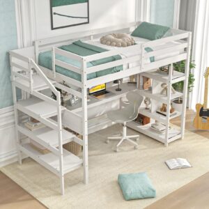 giantex twin loft bed with desk and stairs, solid wood high loft bed with 4-tier storage shelves, loft bed twin size for adults, teens, kids, boys & girls, no box spring needed, white