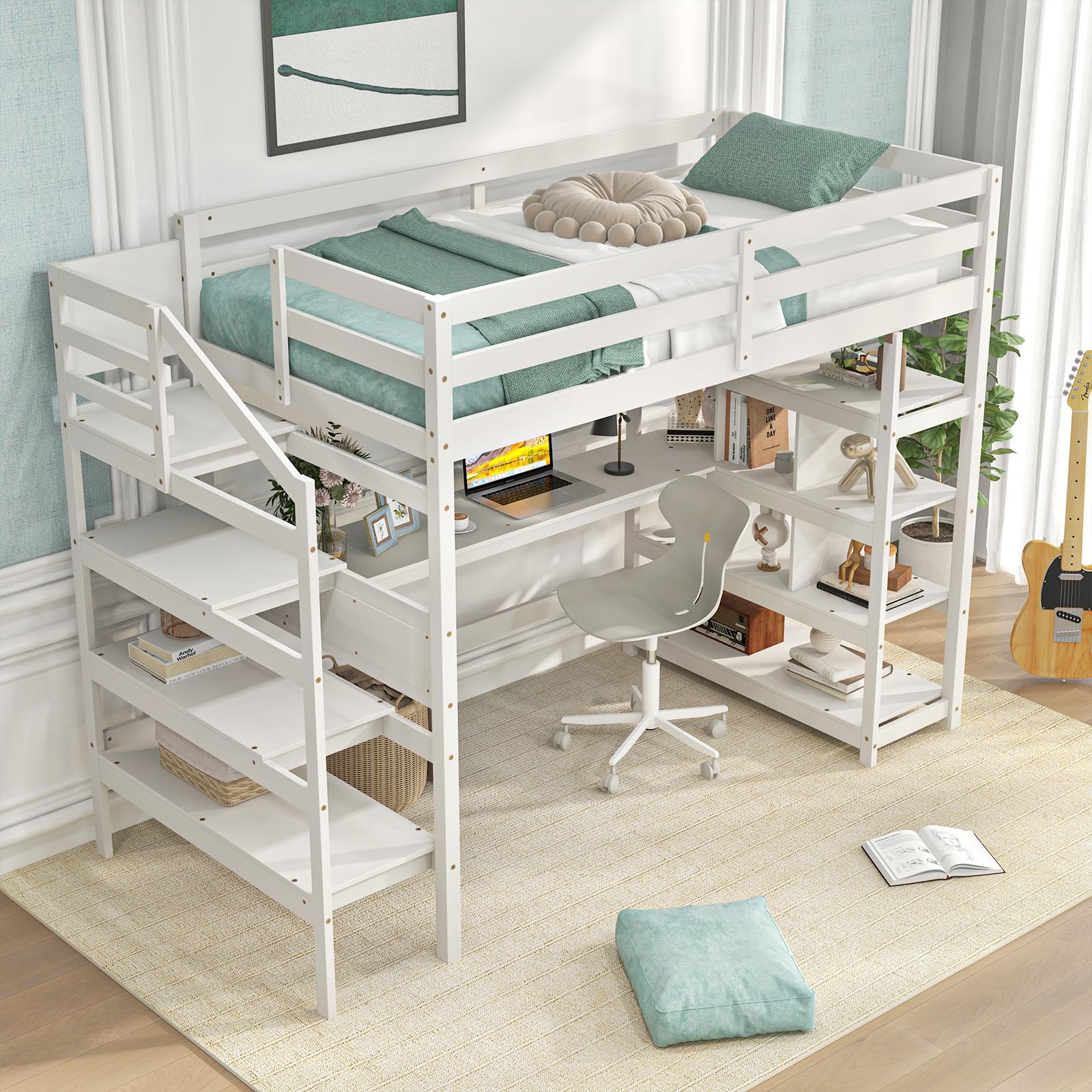 Giantex Twin Loft Bed with Desk and Stairs, Solid Wood High Loft Bed with 4-Tier Storage Shelves, Loft Bed Twin Size for Adults, Teens, Kids, Boys & Girls, No Box Spring Needed, White