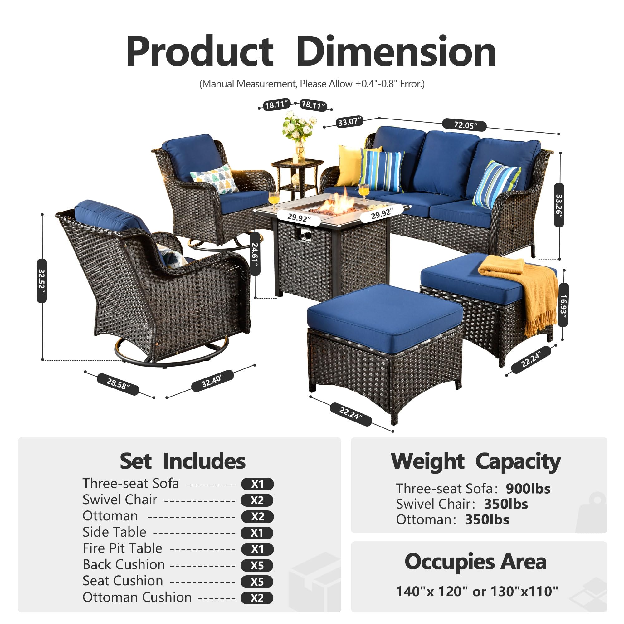 HOOOWOOO Patio Furniture Set,7 Piece Outdoor Furniture Set with Fire Pit Table,Wicker Patio Conversation Couch Swivel Chairs Ottoman Set,Navy Blue