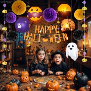 KatchOn, Happy Halloween Decorations - Pack of 14 | Halloween Pompom, Halloween Party Decorations | Halloween Lanterns, Hanging Halloween Decorations | Purple and Black Halloween Theme Party Supplies