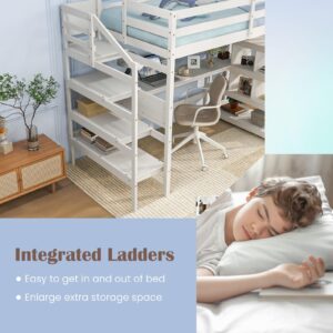 Giantex Twin Loft Bed with Desk and Stairs, Solid Wood High Loft Bed with 4-Tier Storage Shelves, Loft Bed Twin Size for Adults, Teens, Kids, Boys & Girls, No Box Spring Needed, White