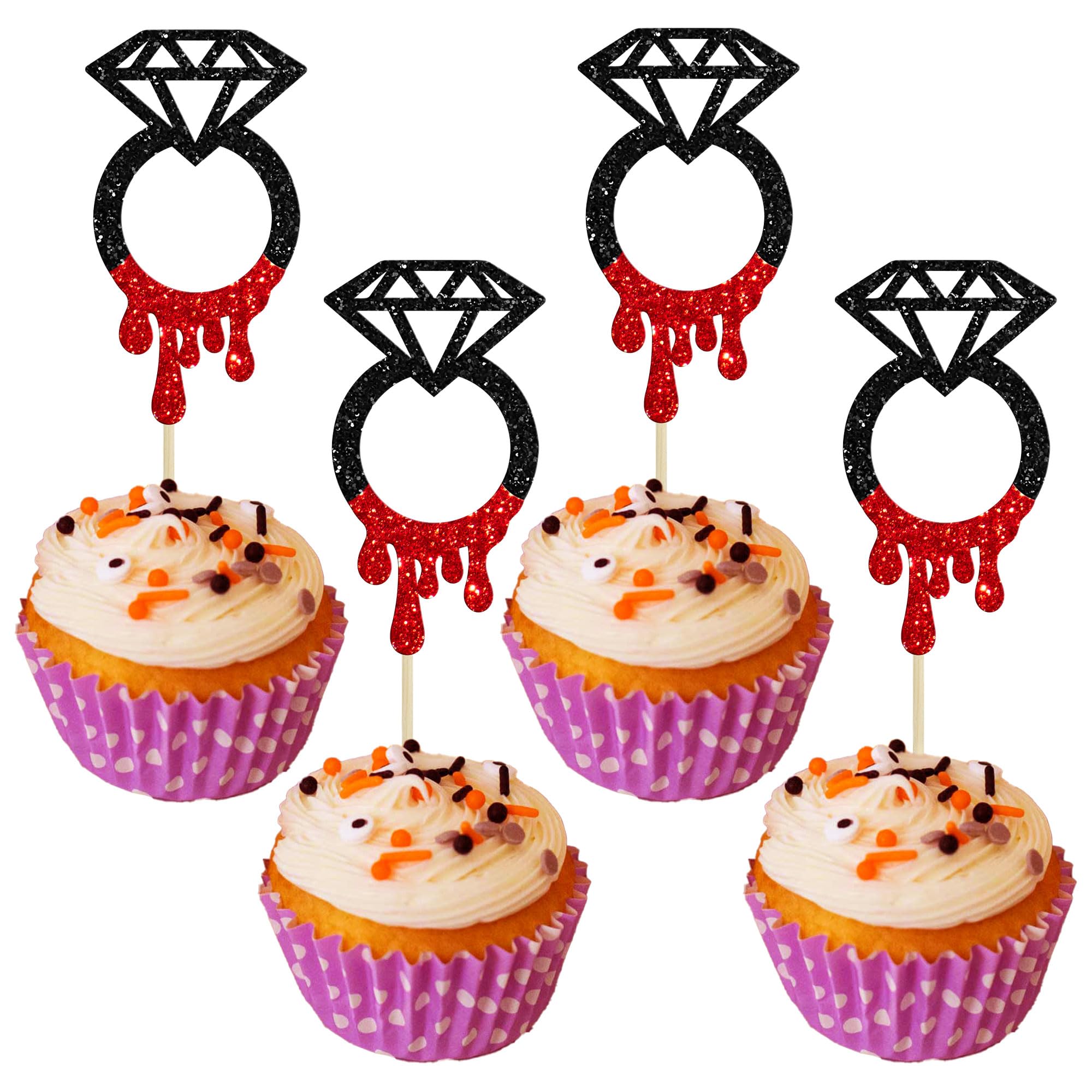 Gyufise 24Pcs Scary Halloween Cupcake Toppers Horror Blood Diamond Ring Cupcake Decorations Gothic Bachelorette Supplies for Halloween Blood Bachelorette Party Spooky Bridal Shower Wedding