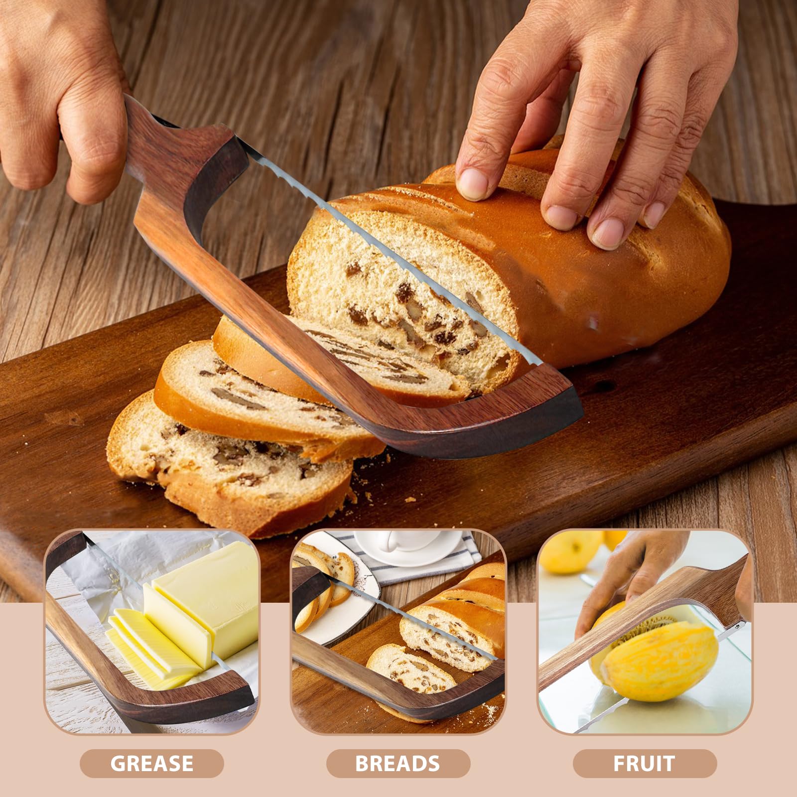 HOTTOR Bread Knife for Homemade Bread,Wooden Sourdough Bread Slicer with Bow Design,Premium Stainless Steel Serrated Saw Bread cutter for Bagels, Baguettes and More, brown