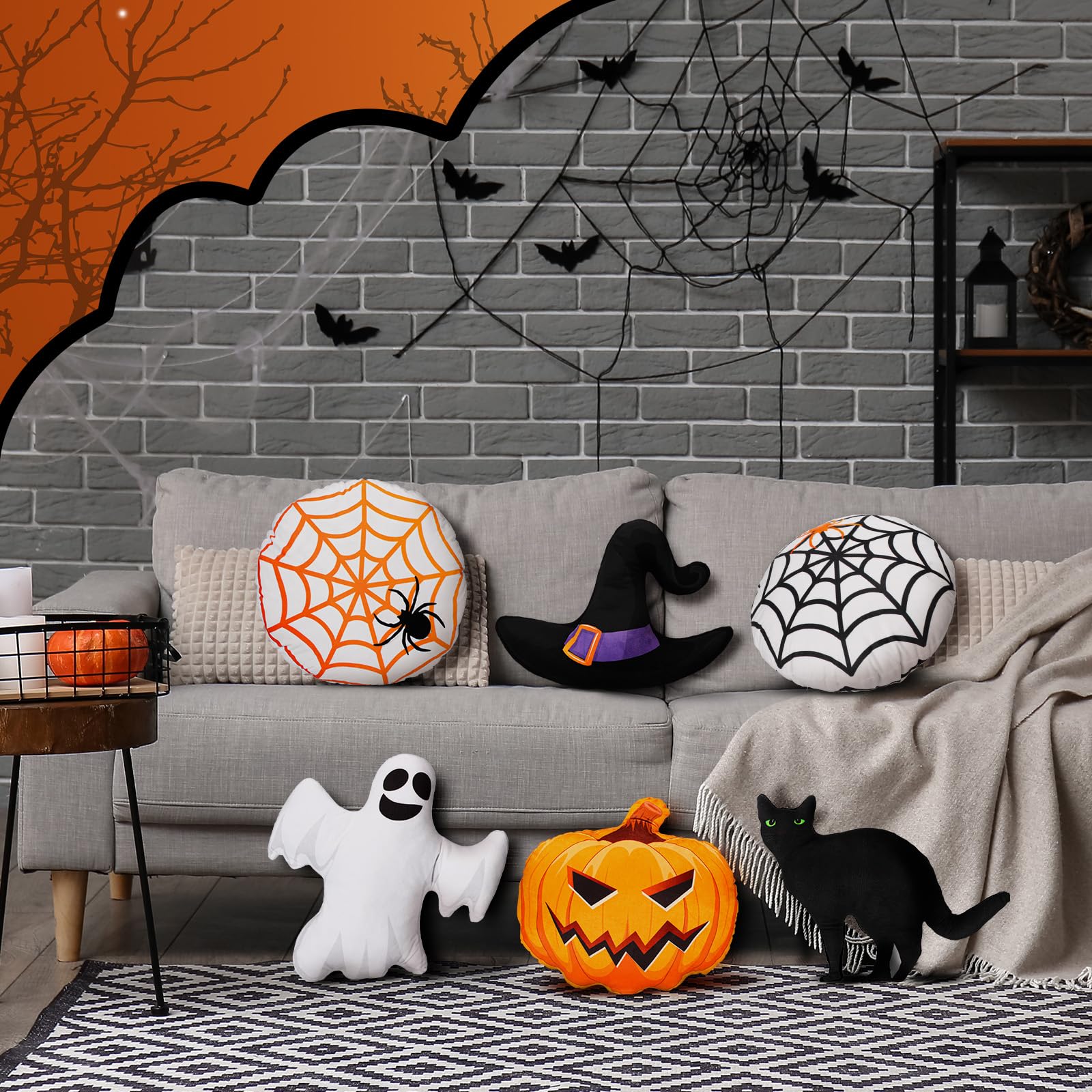 Qunclay 6 Pcs Halloween Pillows Pumpkin Throw Pillow Black Cat Witch Hat Ghost Spider Web Shaped Plush Pillow Halloween Throw Pillows Halloween Decor for Sofa Bed Children Party Gift Stuffed Plush