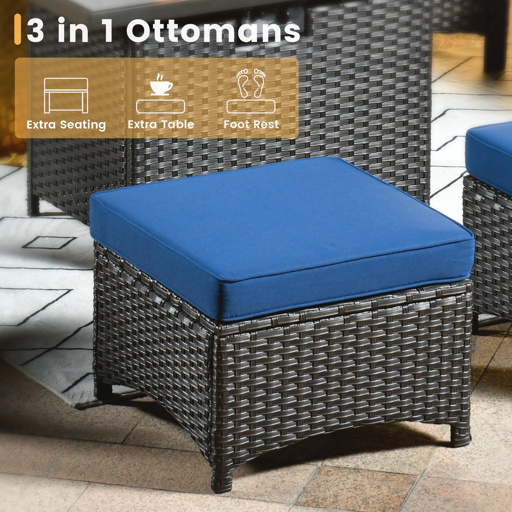 HOOOWOOO Patio Furniture Set,7 Piece Outdoor Furniture Set with Fire Pit Table,Wicker Patio Conversation Couch Swivel Chairs Ottoman Set,Navy Blue