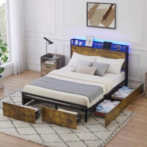 idealhouse queen bed frame with headboard, metal platform bed frame with 6 storage drawers, queen size bed frame with charging station & led, noise-free, wood slats support, no box spring needed, vint