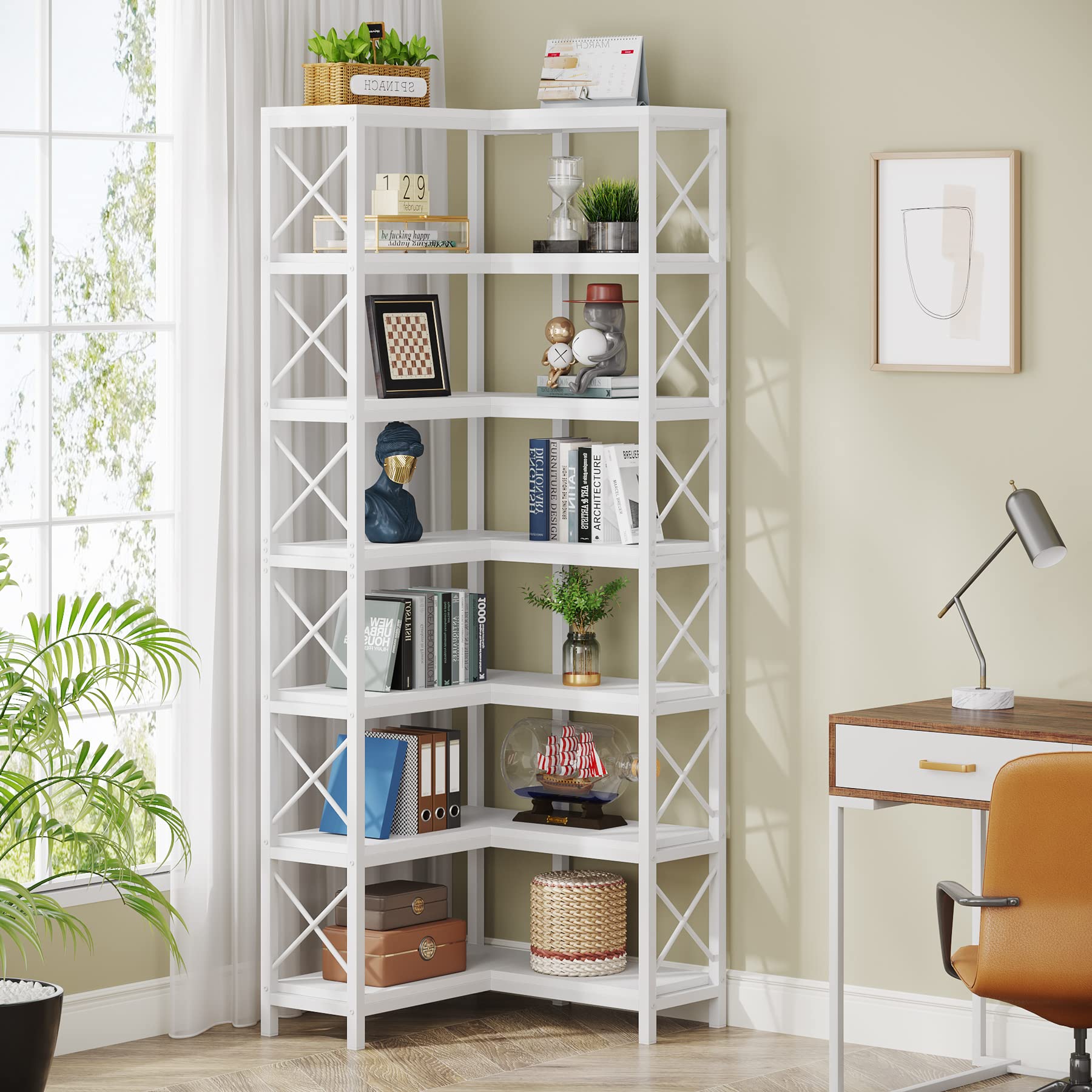 LITTLE TREE 7 Shelf Corner Bookcase, Industrial Large Corner Bookshelf, 7-Tier Tall Corner Shelf Storage Display Rack with Metal Frame for Living Room Home Office, White