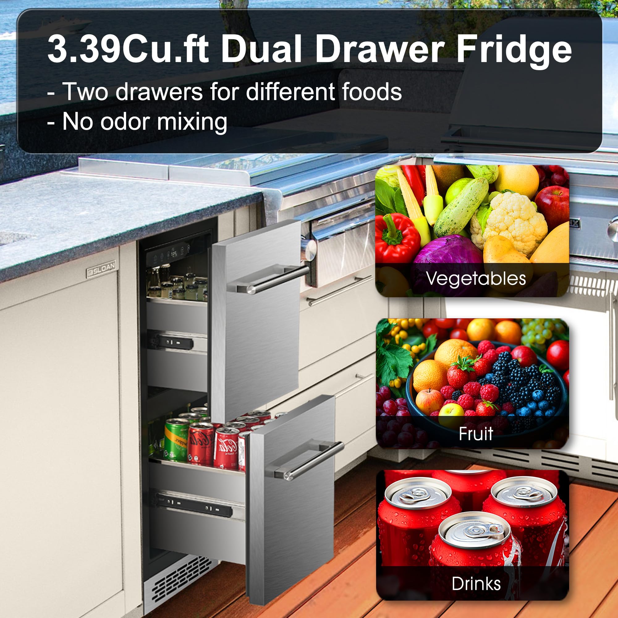 15 Inch Outdoor Refrigerator,Under Counter Double Drawer Beverage Fridge,3.39 Cu.Ft.Stainless Steel Waterproof Built-in Freezer for Patio Kitchen,Silver&Black Drawer Fridge Indoor Outdoor Use