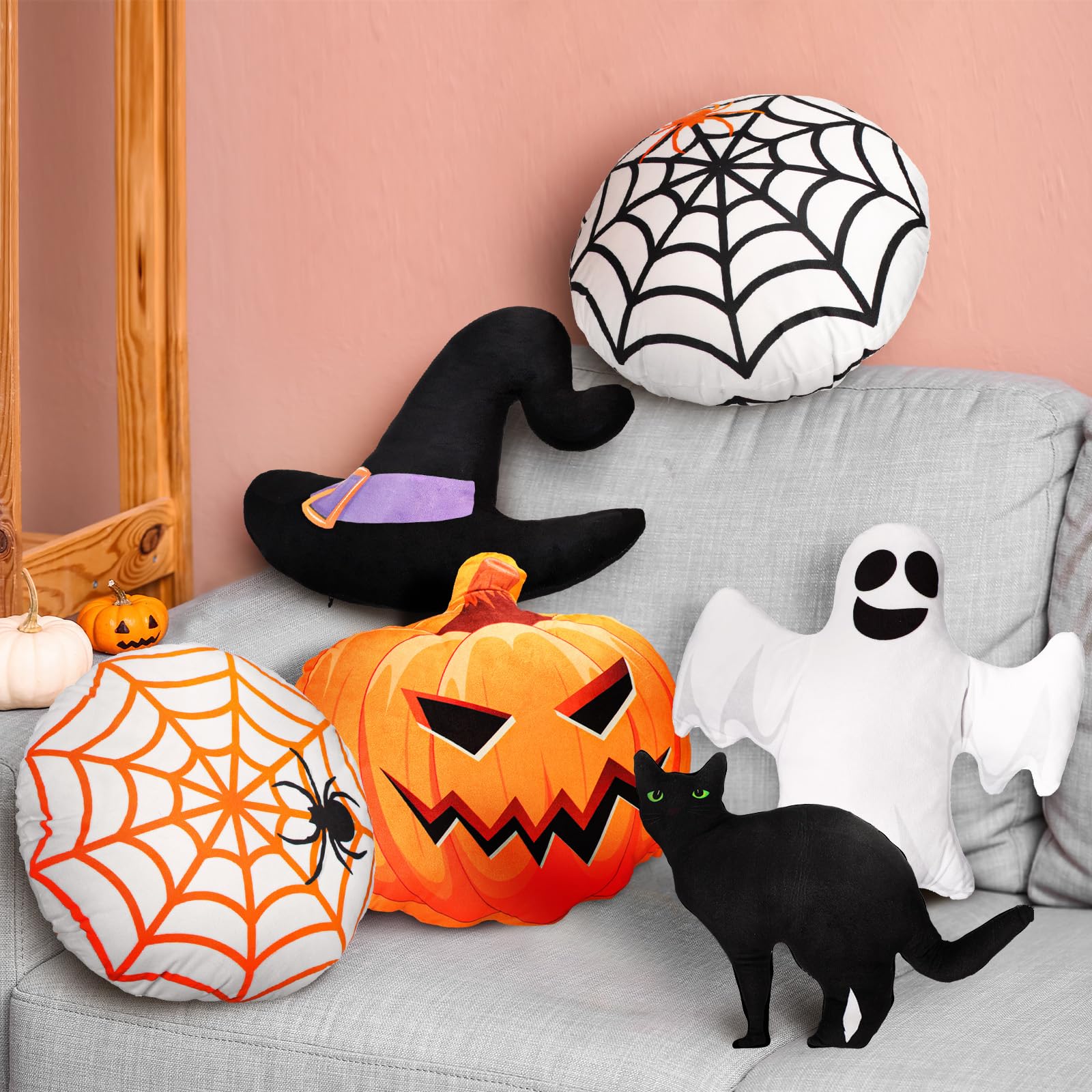 Qunclay 6 Pcs Halloween Pillows Pumpkin Throw Pillow Black Cat Witch Hat Ghost Spider Web Shaped Plush Pillow Halloween Throw Pillows Halloween Decor for Sofa Bed Children Party Gift Stuffed Plush