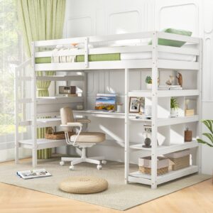 Giantex Twin Loft Bed with Desk and Stairs, Solid Wood High Loft Bed with 4-Tier Storage Shelves, Loft Bed Twin Size for Adults, Teens, Kids, Boys & Girls, No Box Spring Needed, White