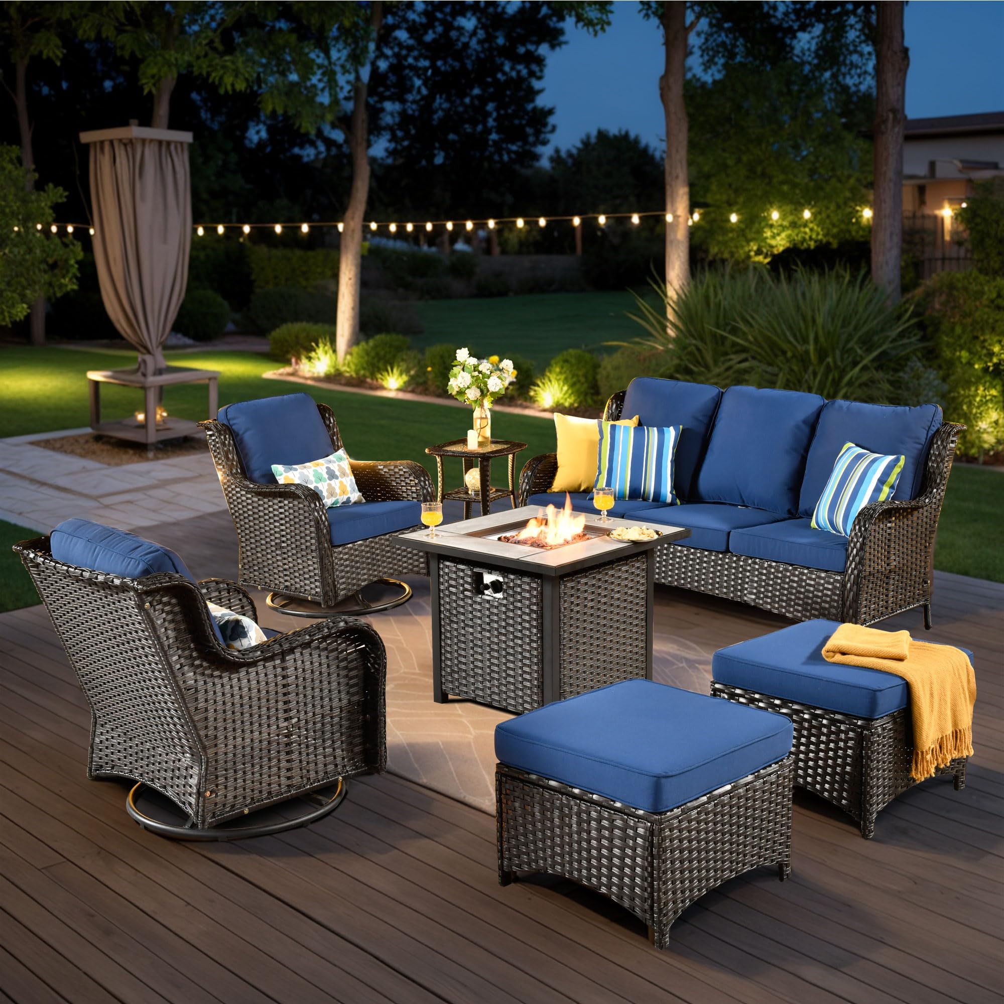 HOOOWOOO Patio Furniture Set,7 Piece Outdoor Furniture Set with Fire Pit Table,Wicker Patio Conversation Couch Swivel Chairs Ottoman Set,Navy Blue