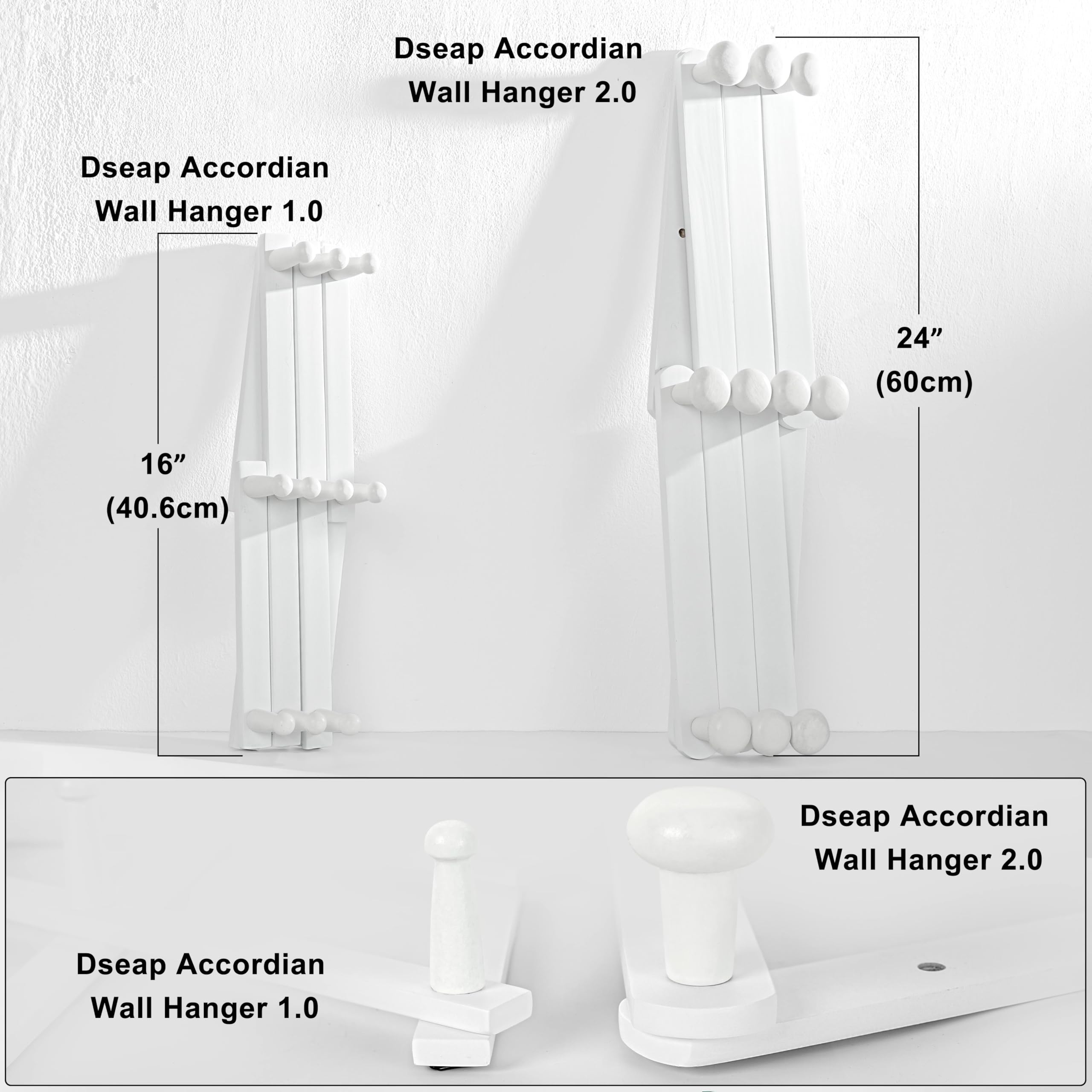 Dseap Expandable Coat Rack (Larger Version) - 24” High, Anti-Slip, Ultra Heavy Duty Wooden Accordian Wall Hanger with 10 Study Peg Hooks for Clothing Hats Jackets Bags, White