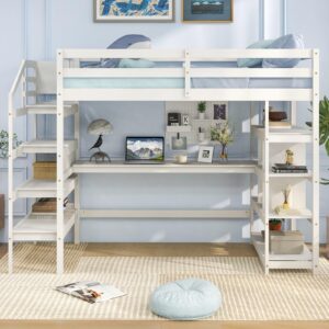 Giantex Twin Loft Bed with Desk and Stairs, Solid Wood High Loft Bed with 4-Tier Storage Shelves, Loft Bed Twin Size for Adults, Teens, Kids, Boys & Girls, No Box Spring Needed, White