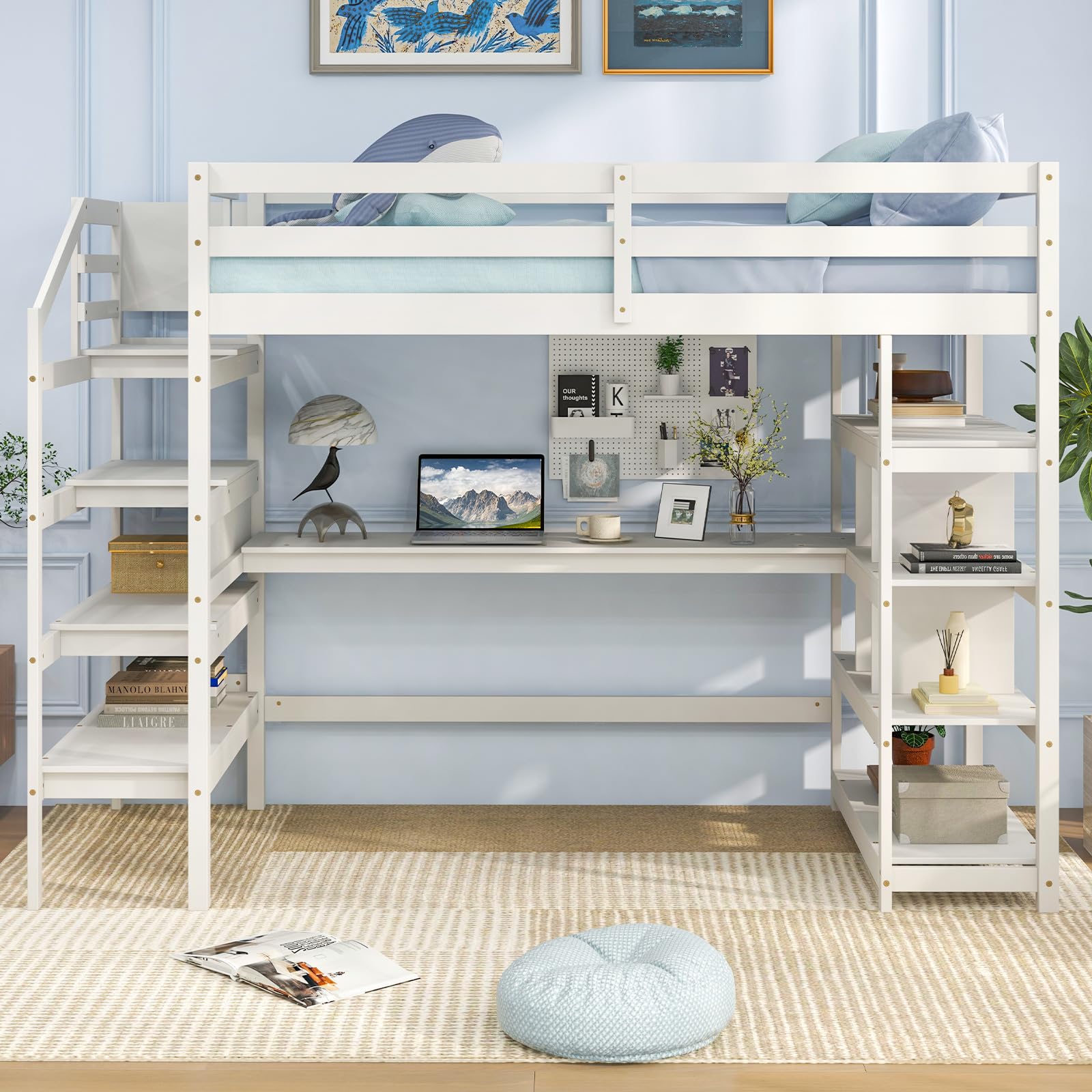 Giantex Twin Loft Bed with Desk and Stairs, Solid Wood High Loft Bed with 4-Tier Storage Shelves, Loft Bed Twin Size for Adults, Teens, Kids, Boys & Girls, No Box Spring Needed, White