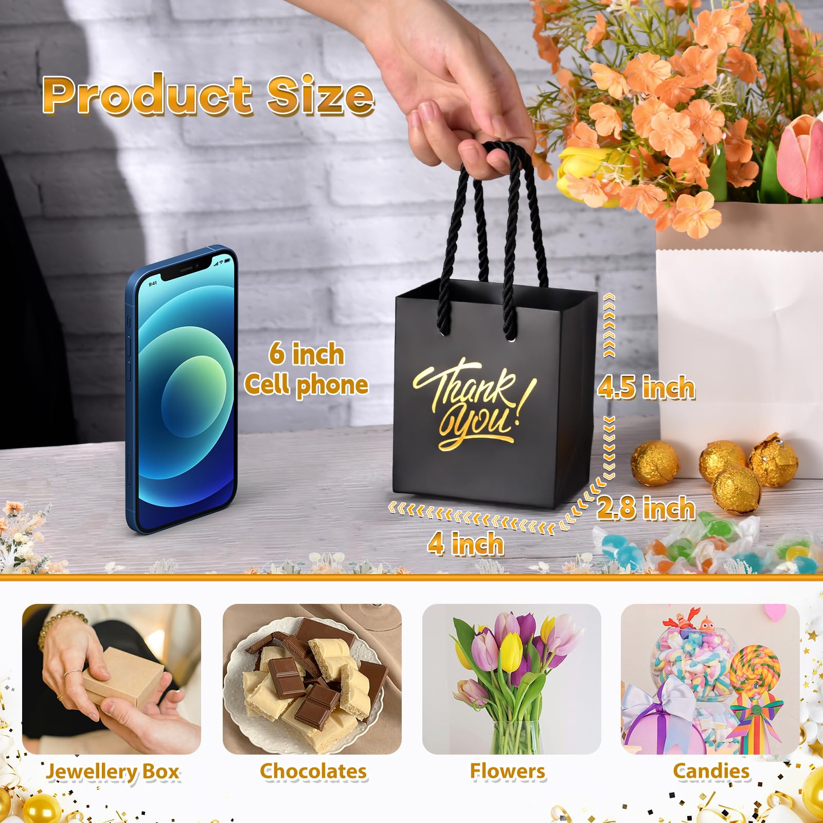 KPOSIYA Small Thank You Gift Bags, 35pcs Mini Gift Bags with Handles,4 x 2.75 x 4.5 Black Small Gift Bags with Tag for Christmas Thanksgiving Party Favors (Black Gold)