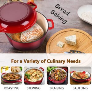 5QT Enameled Dutch Oven, Joyfair 2-in-1 Red Cast Iron Dutch Oven Pot with 2 QT Skillet Lid, Heavy Duty Oven Safe Cookware for Sourdough Bread Baking Braising Stewing Roasting Cooking, Easy Clean