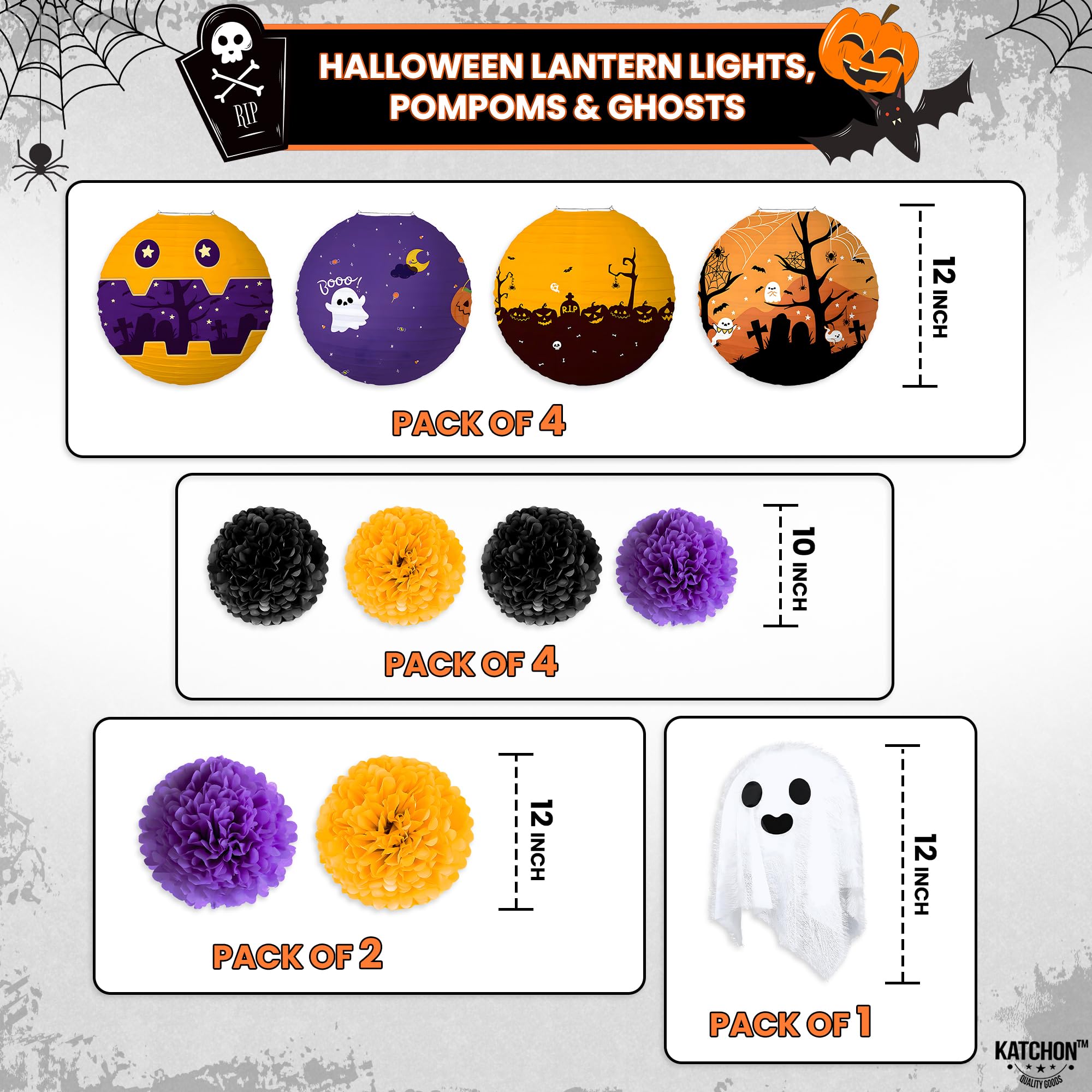 KatchOn, Happy Halloween Decorations - Pack of 14 | Halloween Pompom, Halloween Party Decorations | Halloween Lanterns, Hanging Halloween Decorations | Purple and Black Halloween Theme Party Supplies