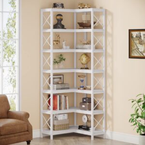 little tree 7 shelf corner bookcase, industrial large corner bookshelf, 7-tier tall corner shelf storage display rack with metal frame for living room home office, white