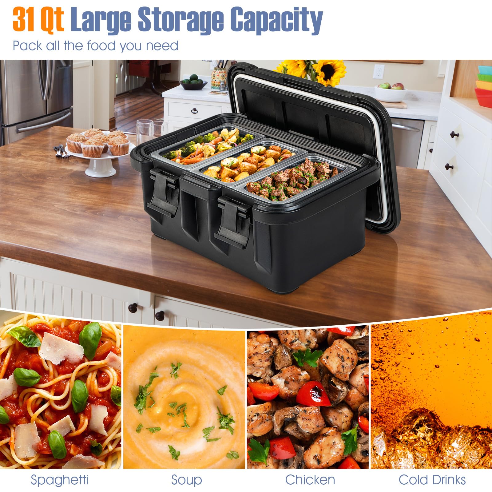 COSTWAY Insulated Food Pan Carrier, 31 Qt Catering Hot Box w/ 3 Food-grade Pans, Side Handles, Locking Buckles, Commercial Stackable Food Warmer for Family Gathering Buffets Canteen Restaurant (1)