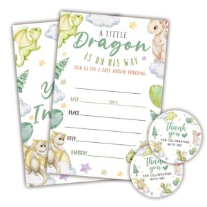 20 baby shower invitations & thank you stickers - a little dragon is on his way, adorable dragon invites, envelopes & adhesive round stickers, gender reveal, baby announcement party favor (a02)