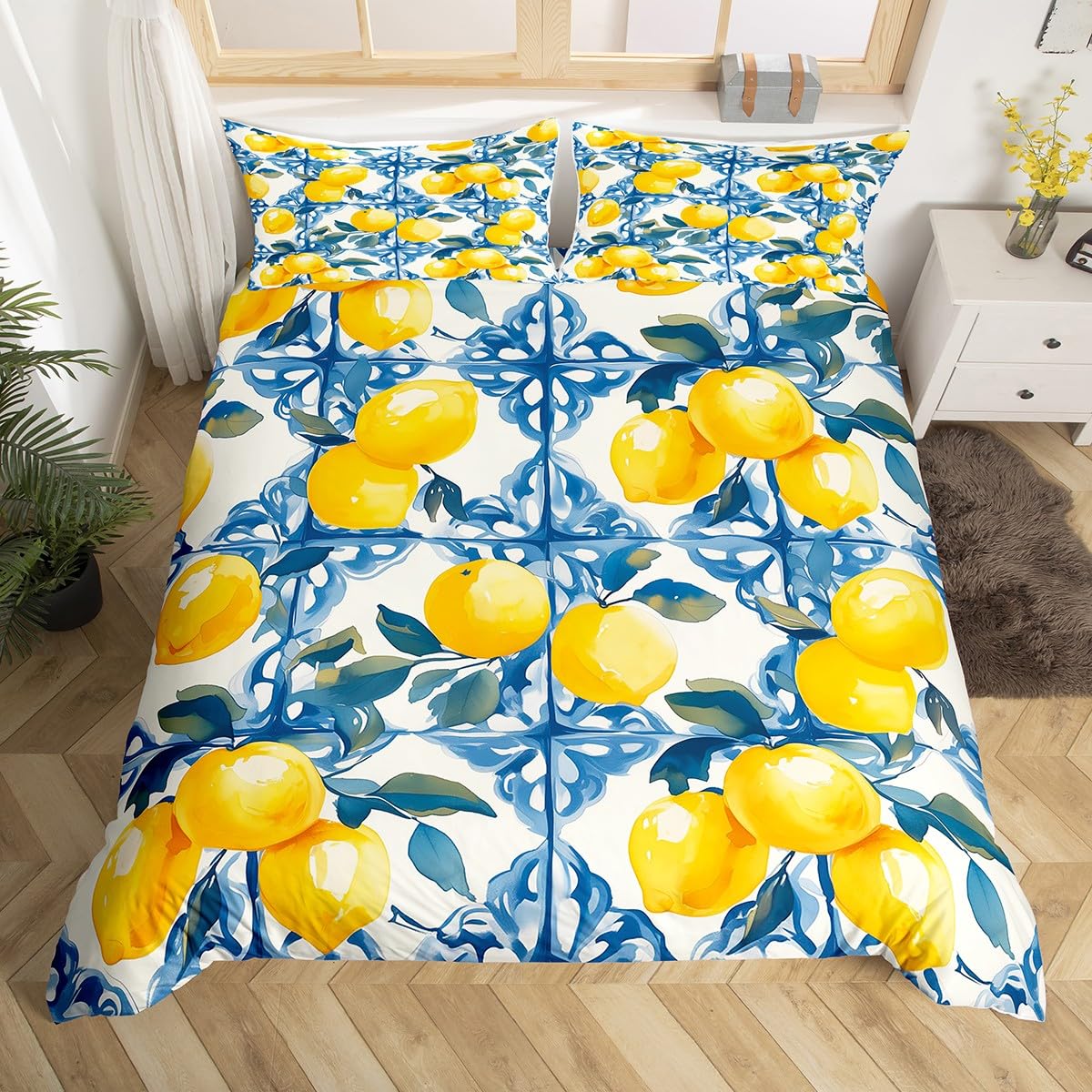 Feelyou Lemon Kids Duvet Cover Queen Size, Yellow Lemon Bedding Set Fruit Comforter Cover Blue Boho Bedspread Cover Kids Room Decor Breathable Quilt Cover (No Comforter)