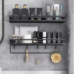 Z metnal Shower Shelves with Towel Bar & Hooks, Small Floating Wall Shelves for Kitchen, Adhesive Shower Caddy Organizer Basket, 16 inch, No Drilling or Wall Mounted, Black,2 pcs