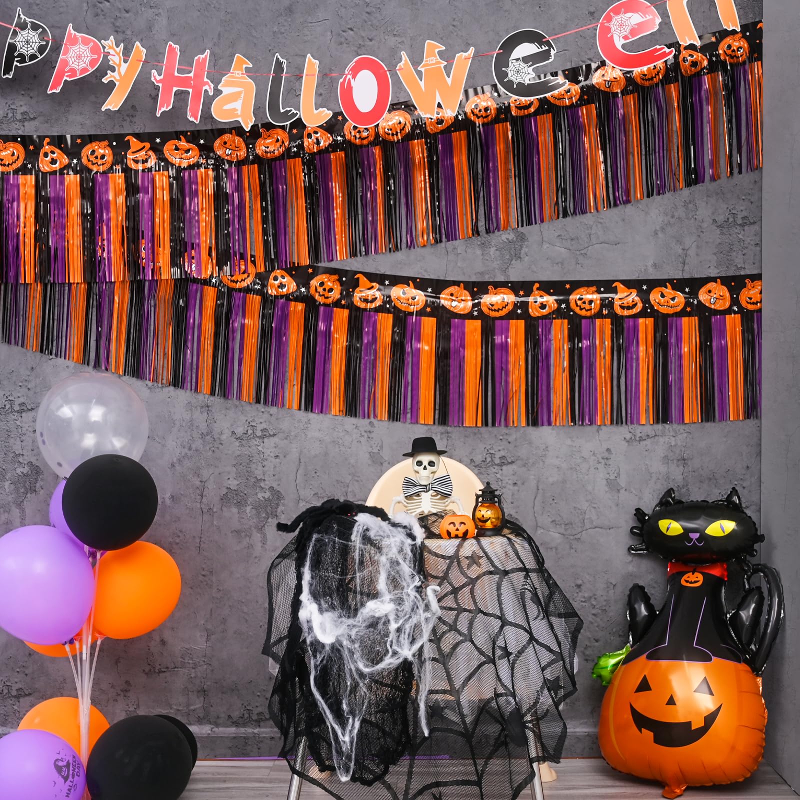 Mega-L Halloween Party Decorations, 2 Packs 39 Feet Foil Fringe Banner Tinsel Streamers, Orange Purple Black Pumpkin Metallic Hanging Backdrop Garland Table Skirts for Indoor House Car Parade Floats