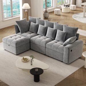 p purlove modern sectional sofa with convertible ottoman, chenille 4-seat l-shape couch with pillows for living room, apartment, office, 3 usb ports (grey)