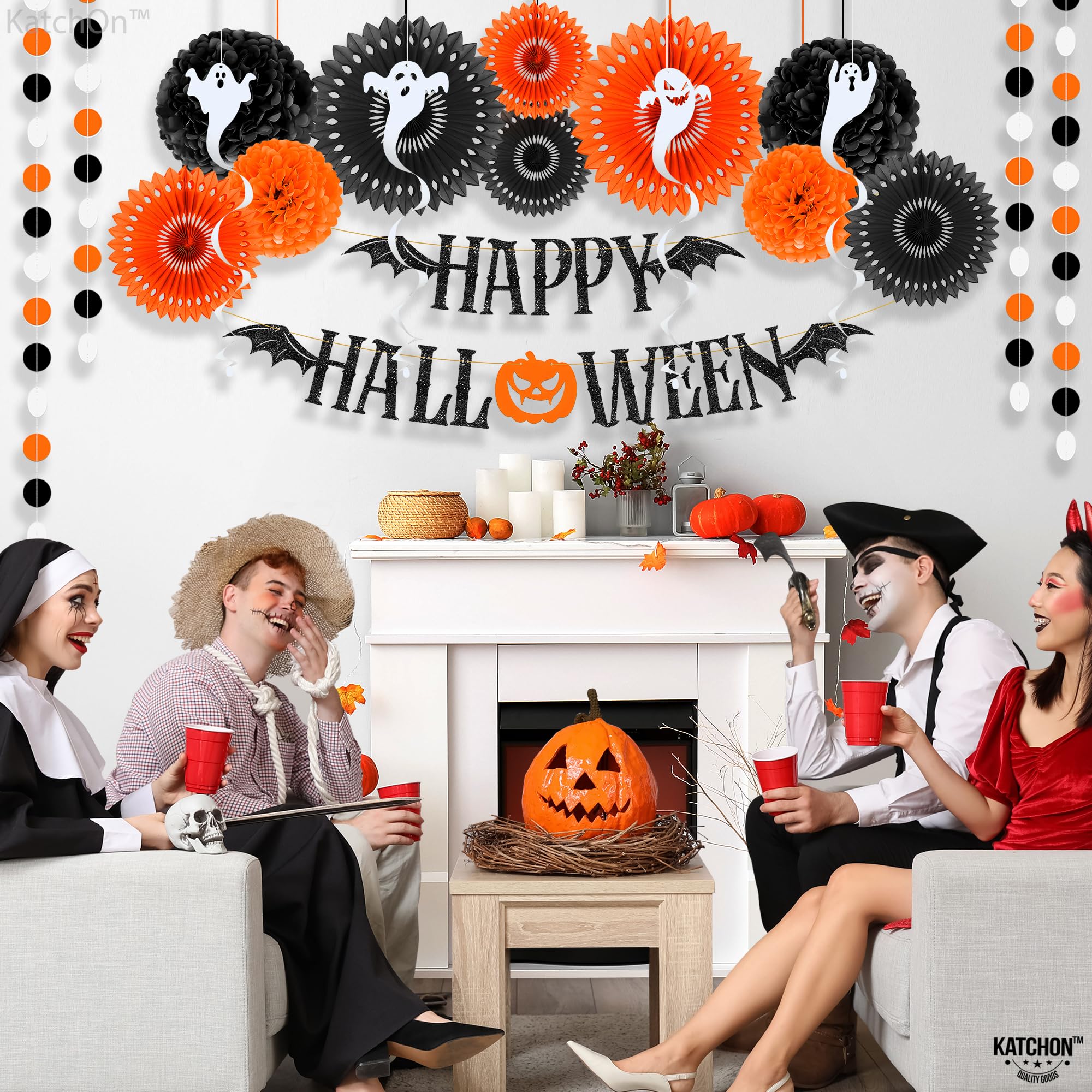 KatchOn, Halloween Party Decoration Set - Pack of 17 | Halloween Pompom, Happy Halloween Garlands | Halloween Party Hanging Decorations | Halloween Hanging Swirls for Halloween Ceiling Decorations