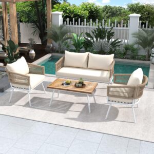 4-piece rope patio furniture set, outdoor sofa with acacia wood coffee table, patio conversation set with deep seating & thick cushion for backyard porch balcony, beige