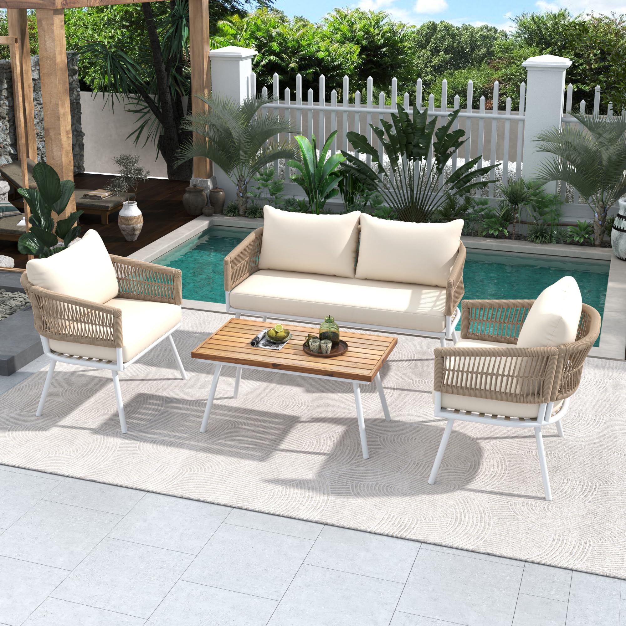 4-Piece Rope Patio Furniture Set, Outdoor Sofa with Acacia Wood Coffee Table, Patio Conversation Set with Deep Seating & Thick Cushion for Backyard Porch Balcony, Beige