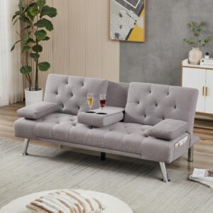 OUUI Futon Sofa Bed Modern Couches for Living Room Convertible Recliner Sleeper Sofa Loveseat with 2 Cup Holders, Removable Armrests (Light Gray)