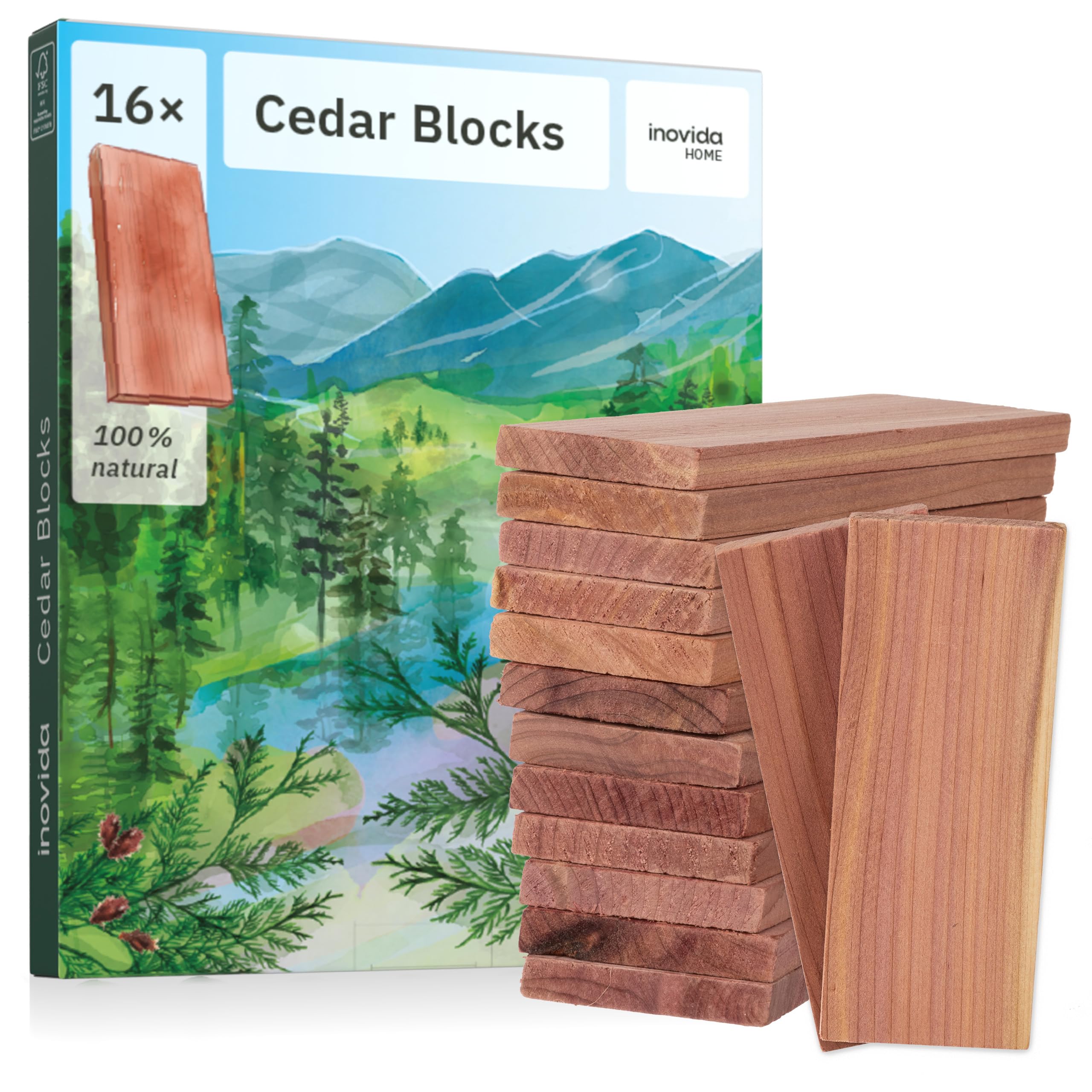 16 American Cedar Wood Blocks – Stop Clothes Damage - Wardrobe Freshener – Premium American Cedarwood Planks for Fresh Scent in Drawers and Closets - Inovida