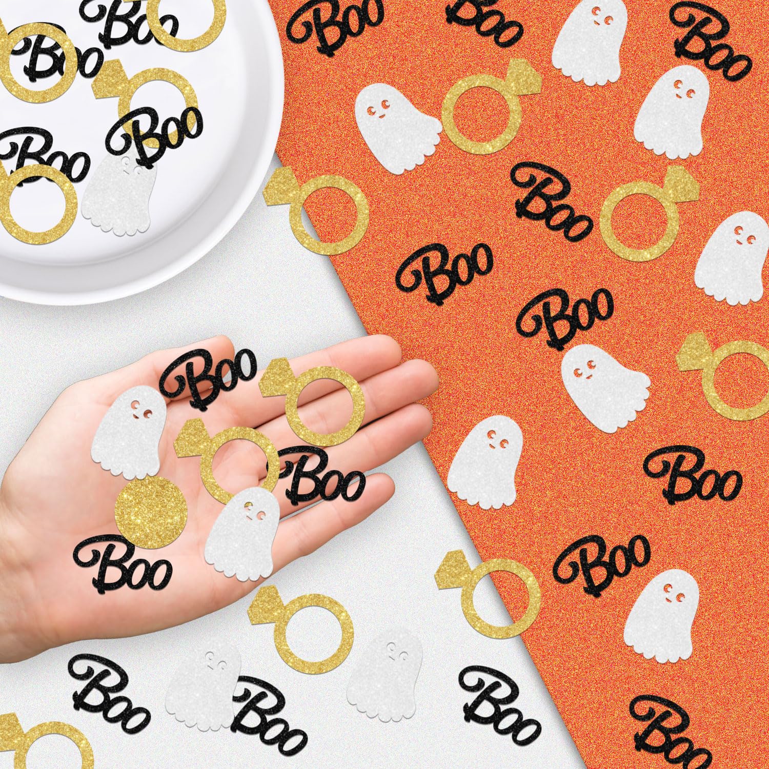 200Pcs Halloween She Found Her Boo Themed Bridal Shower Confetti Gold Black Ghost Diamond Ring Confetti Halloween Table Decorations for Halloween Bridal Shower Engagement Wedding Party Decor Supplies