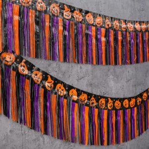 Mega-L Halloween Party Decorations, 2 Packs 39 Feet Foil Fringe Banner Tinsel Streamers, Orange Purple Black Pumpkin Metallic Hanging Backdrop Garland Table Skirts for Indoor House Car Parade Floats